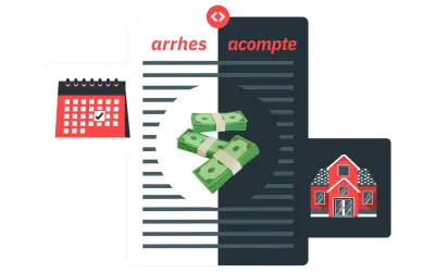 Illustration expliquant la différence entre arrhes et acompte pour une location saisonnière : calendrier, billets de banque et maison.