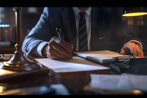 Un homme en costume signe des documents, peut-être pour un détournement de fonds et son remboursement.