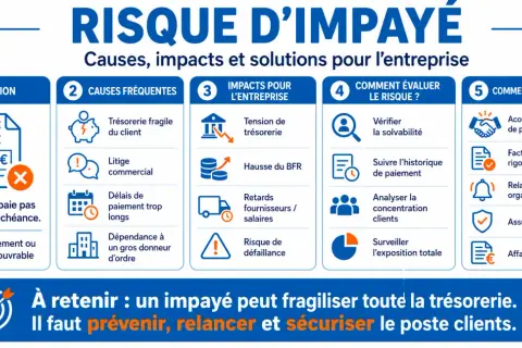Infographie sur le risque d'impayé : causes, impacts et solutions. Elle détaille les définitions, les causes fréquentes, les impacts pour l'entreprise, comment évaluer le risque et comment se protéger, notamment contre les créances irrécouvrables.