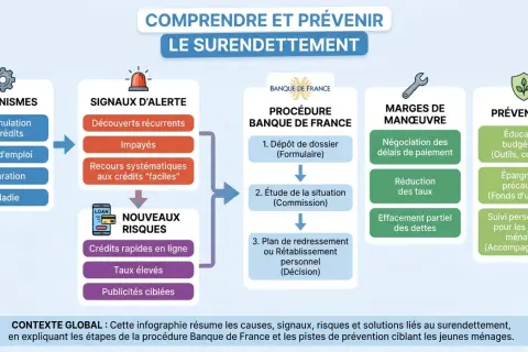 Infographie sur le surendettement : causes, signaux, risques, procédure Banque de France et prévention. La définition du moratoire est implicite dans les marges de manœuvre.