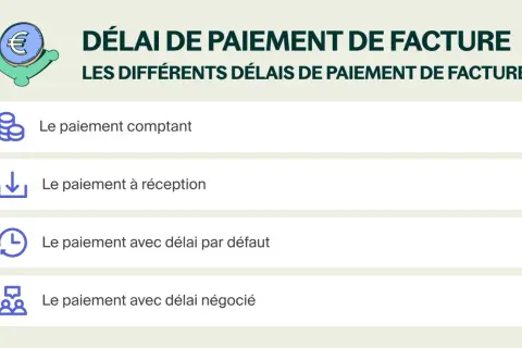 Icône d'euro et liste des options de délai de paiement de facture : comptant, à réception, par défaut, négocié.