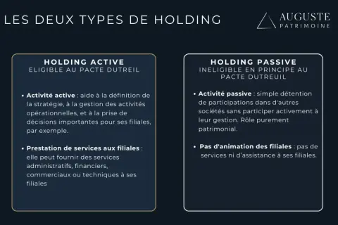 Comparaison des holdings actives et passives, éligibles ou non au pacte Dutreil. Une holding active gère ses filiales, une passive se contente de détenir des participations.