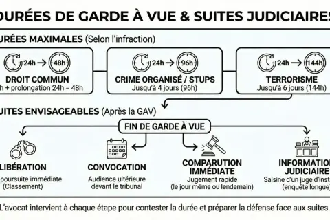 Schéma expliquant les durées maximales de garde à vue au commissariat et les suites judiciaires possibles : libération, convocation, comparution immédiate ou information judiciaire.
