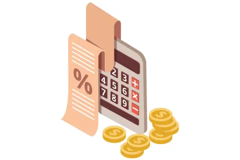 Calculatrice, reçu avec symbole pourcentage, et pièces d'or. Illustration du calcul de l'intérêt moratoire, définition.