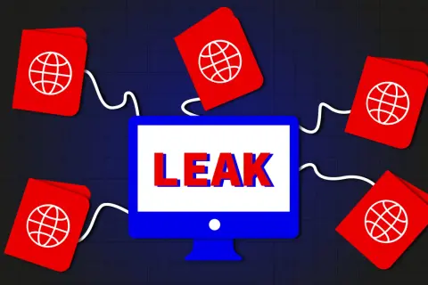 Des passeports rouges avec un globe terrestre sont connectés à un écran d'ordinateur affichant "LEAK". Que faire en cas de vol de données personnelles ?