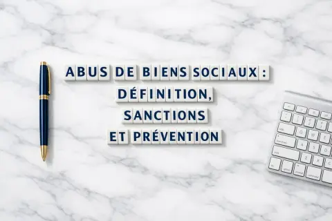 Lettres sur un fond marbre : "Abus de biens sociaux : définition, sanctions et prévention". Stylo et clavier à proximité.