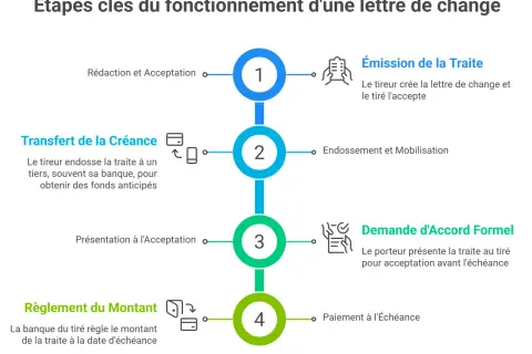 Schéma des étapes clés d'une lettre de change, expliquant la lcr définition : émission, endossement, demande d'accord formel et règlement.