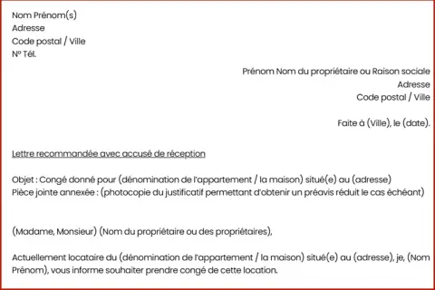 Modèle de lettre recommandée avec accusé de réception pour une lettre résiliation bail locatif. Le document détaille les informations du locataire et du propriétaire.