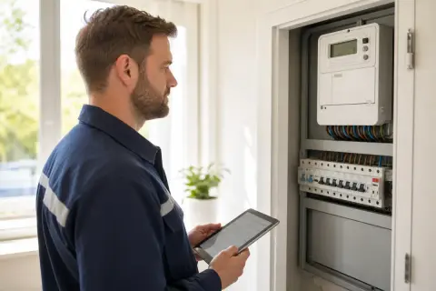 Un technicien examine un tableau électrique avec une tablette, vérifiant les compteurs et disjoncteurs. Il s'assure qu'il n'y a pas de vol d'électricité code pénal.