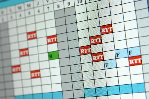 Calendrier affichant plusieurs jours de RTT sur deux semaines, avec des cases rouges pour RTT et vertes pour R.