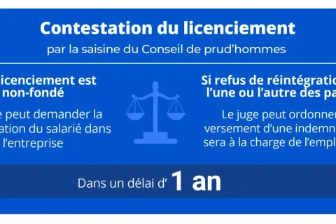 Contestation de licenciement pour comportement inadapté. Le juge peut ordonner la réintégration ou une indemnité. Délai de 1 an.
