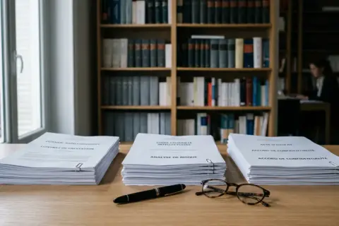 Trois piles de documents juridiques sur un bureau, dont un contrat et une analyse de risque. L'escroquerie par code pénal est un sujet complexe.