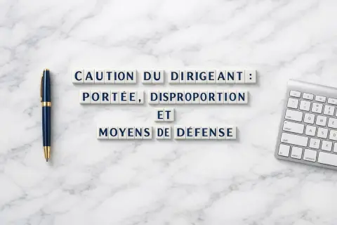 Lettres formant "Caution du dirigeant : portée, disproportion et moyens de défense". Un stylo bleu et un clavier sont visibles.