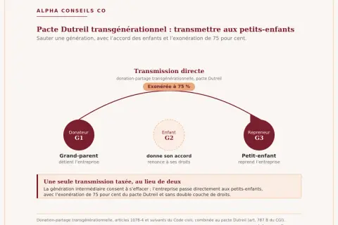 Pacte Dutreil : grand-parent (G1) transmet à petit-enfant (G3), l'enfant (G2) renonce. Transmission exonérée à 75%.