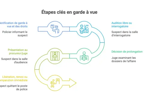 Schéma des étapes clés en garde à vue : notification des droits, interrogatoire, présentation au juge, décision et libération.