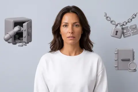 Une femme regarde l'objectif, entourée d'une main retirant des pièces d'un coffre-fort, d'une chaîne brisée avec un cadenas et des cartes de crédit, et d'un livre de comptes. Les frais sur satd sont évidents.