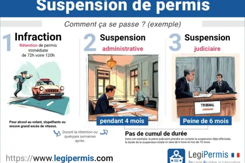 Infraction routière entraînant une suspension de permis. Illustration du processus : rétention immédiate, suspension administrative (4 mois), puis judiciaire (6 mois).