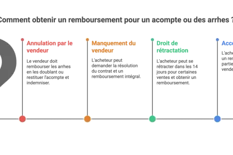 Schéma expliquant comment obtenir un remboursement pour un acompte ou des arrhes : annulation par le vendeur, manquement du vendeur, droit de rétractation, accord amiable.
