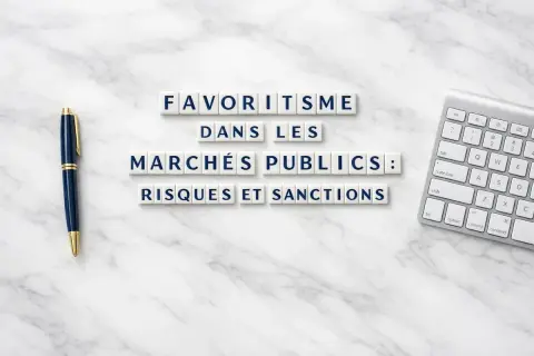 Le favoritisme dans les marchés publics : risques et sanctions. Un stylo et un clavier sur fond marbre, évoquant la paperasse et les décisions importantes.