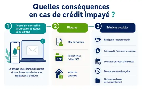 Schéma expliquant les conséquences d'un **défaut de paiement** sur un crédit : retards, risques (mise en demeure, FICP, saisie) et solutions (renégociation, assurance, délai).