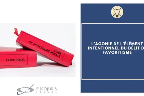 Deux codes rouges, "Code Pénal" et "Code de Procédure Pénale", symbolisent la loi. Le texte évoque le délit de favoritisme.