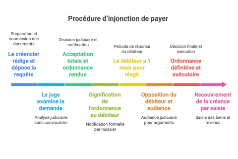 Schéma illustrant la procédure d'injonction de payer : du dépôt de la requête par le créancier à la saisie des biens du débiteur.