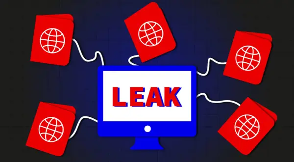 Des passeports rouges avec un globe terrestre sont connectés à un écran d'ordinateur affichant "LEAK". Que faire en cas de vol de données personnelles ?