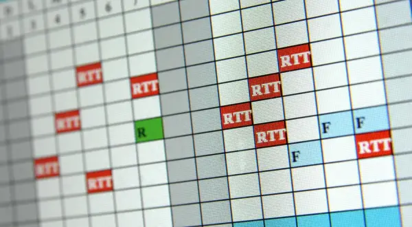 Calendrier affichant plusieurs jours de RTT sur deux semaines, avec des cases rouges pour RTT et vertes pour R.