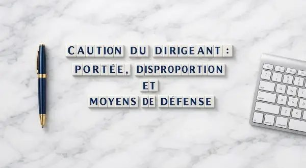 Lettres formant "Caution du dirigeant : portée, disproportion et moyens de défense". Un stylo bleu et un clavier sont visibles.