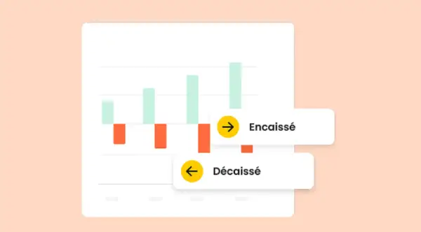 Graphique montrant des flux financiers : "Encaissé" (entrées) et "Décaissé" (sorties). LCR, un indicateur clé.