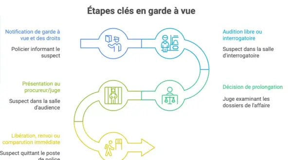 Schéma des étapes clés en garde à vue : notification des droits, interrogatoire, présentation au juge, décision et libération.