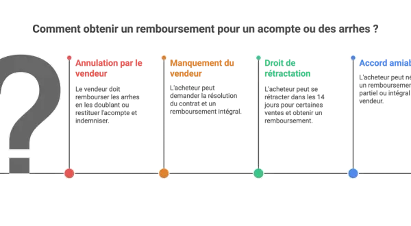 Schéma expliquant comment obtenir un remboursement pour un acompte ou des arrhes : annulation par le vendeur, manquement du vendeur, droit de rétractation, accord amiable.
