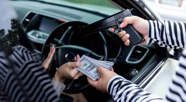 Un homme en pull rayé menace une personne en voiture avec un pistolet, exigeant de l'argent. Scène d'extorsion.