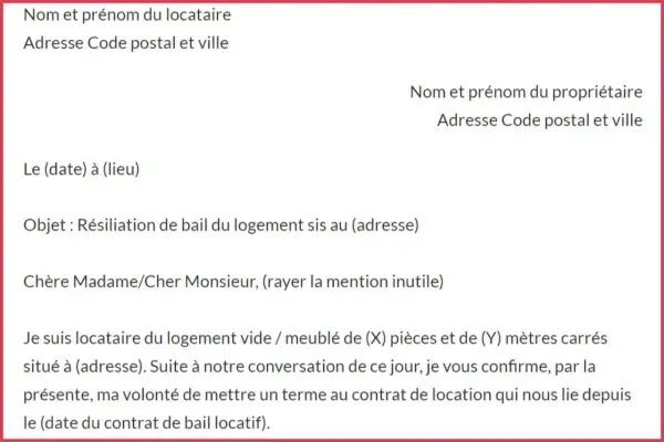 Lettre de préavis logement. Le locataire informe le propriétaire de sa volonté de résilier le bail.