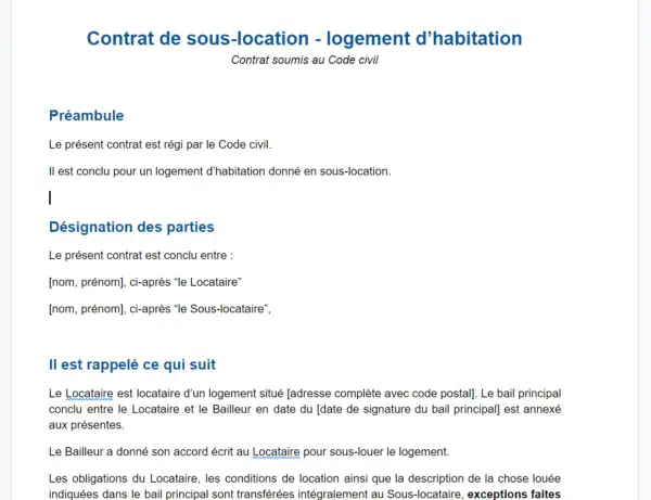 Contrat de sous-location d'un logement d'habitation. Ce document détaille les parties et les conditions de la sous-location, similaire à un contrat Airbnb.